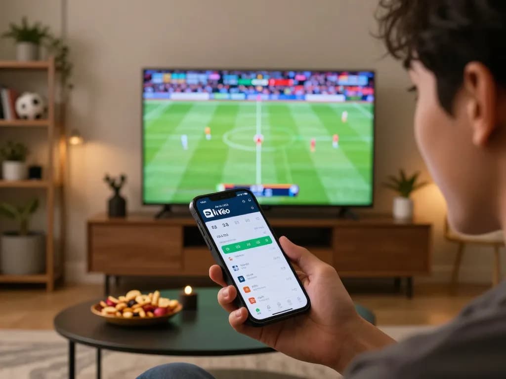 Soi Kèo app displayed on smartphone while placing live sports bets with excitement in a cozy atmosphere