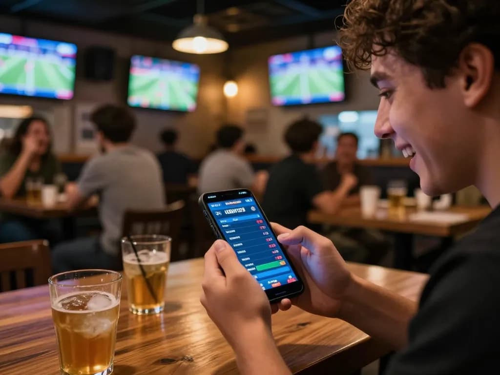 Pemain menggunakan APK Ulat123 untuk taruhan olahraga seluler dalam suasana bar yang mengasyikkan