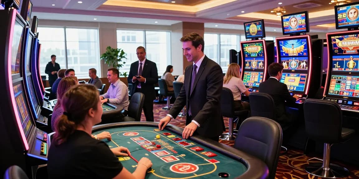 Exciting gaming experience at 78win casino with players enjoying table games and slots in a vibrant atmosphere.
