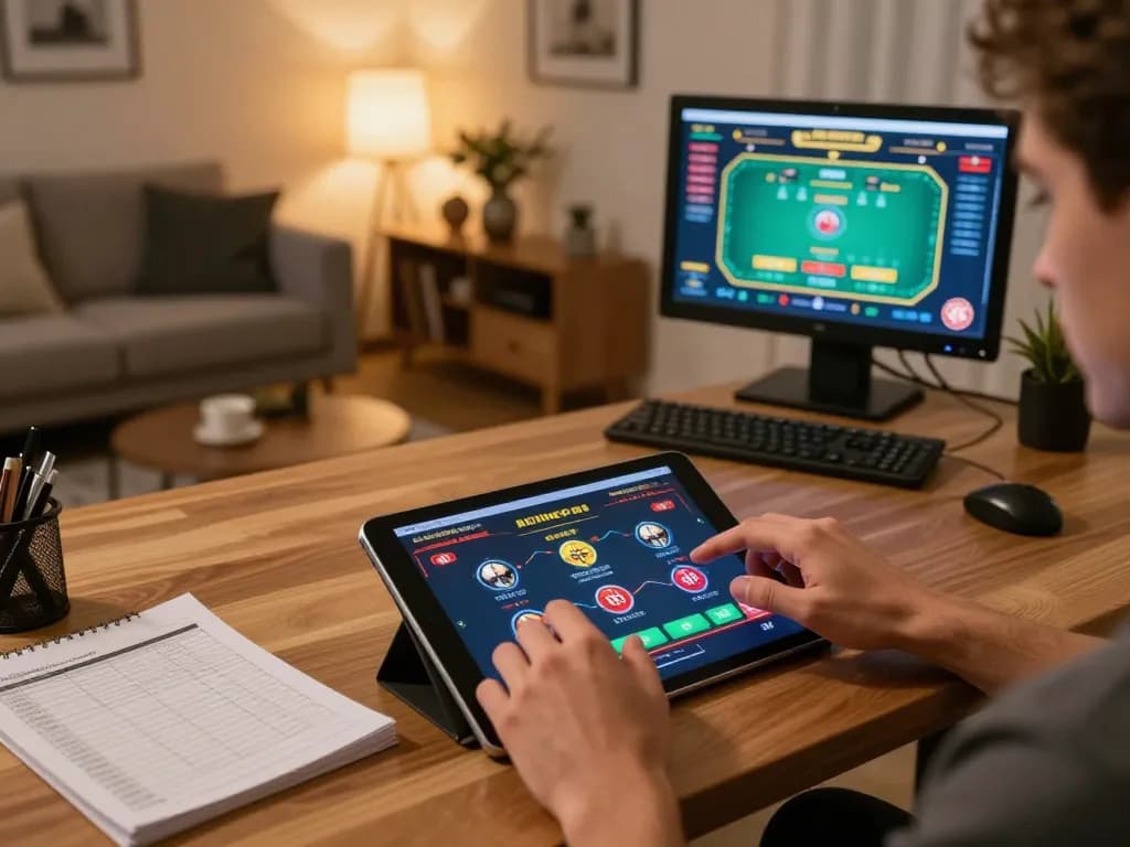 go99 user engaging with online casino app on tablet, emphasizing strategic betting