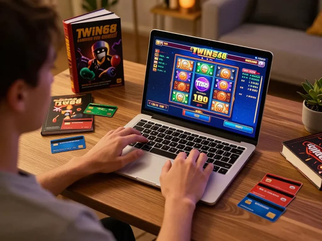 TWIN68 player engaged in online casino gameplay with laptop setup at home, showcasing gaming strategy and excitement.