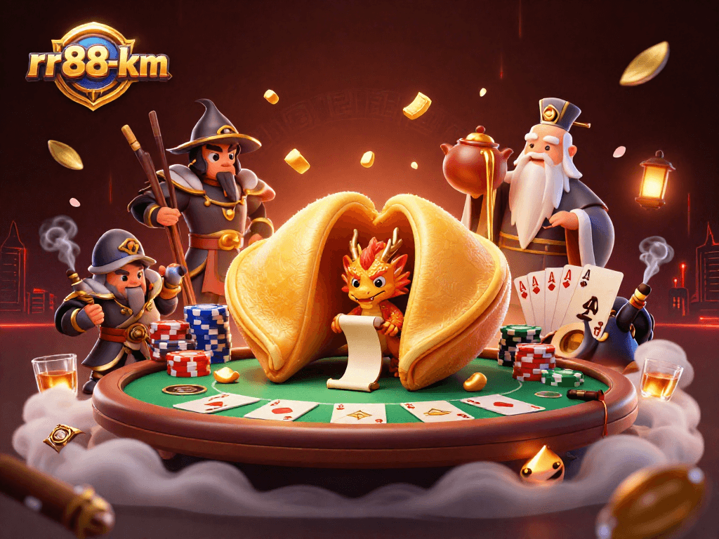 Engage in exciting gameplay with rr88-km's vibrant casino scene featuring dragon and fortune cookie.