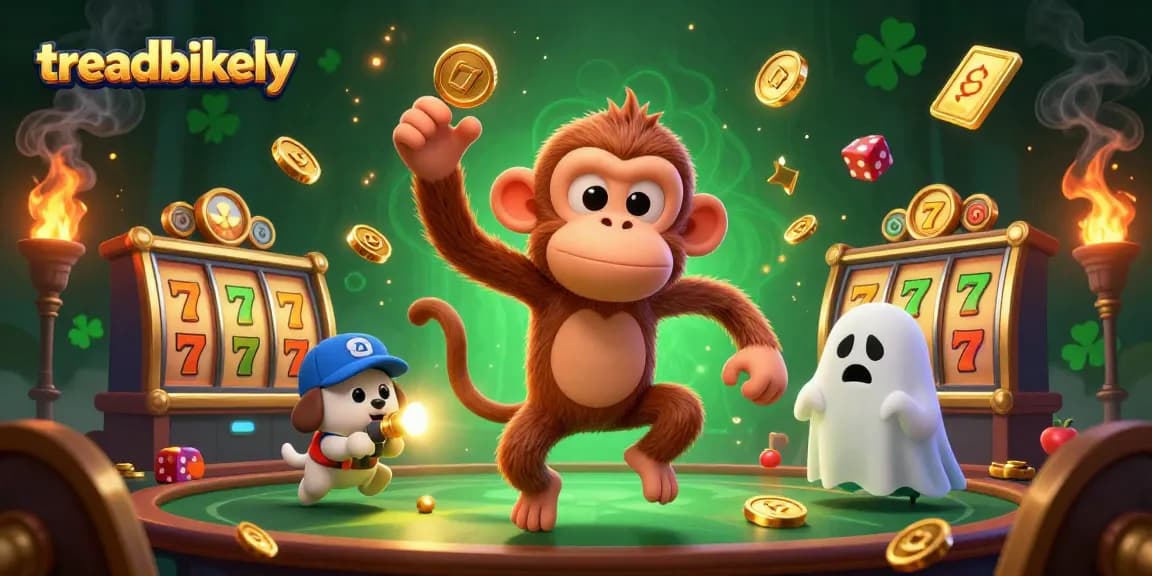 TreadBikely showcases a dynamic 3D slot scene with a mischievous monkey and ghost-hunter puppy.