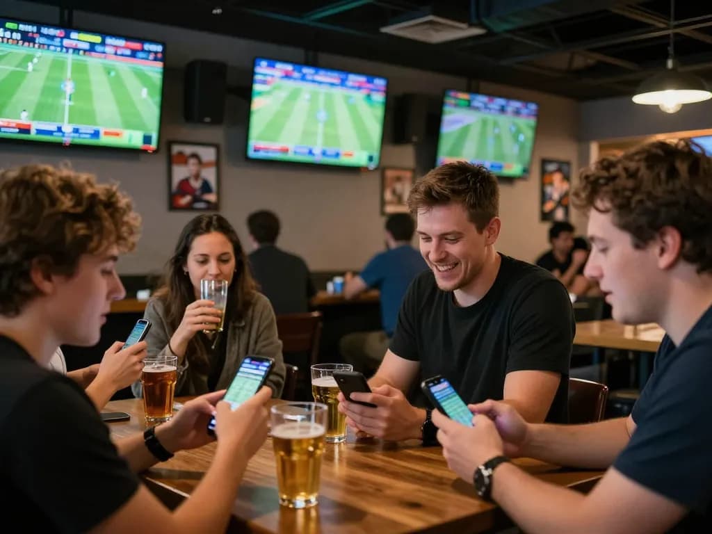 Betting on live sports at a lively bar with friends using the 777vip app
