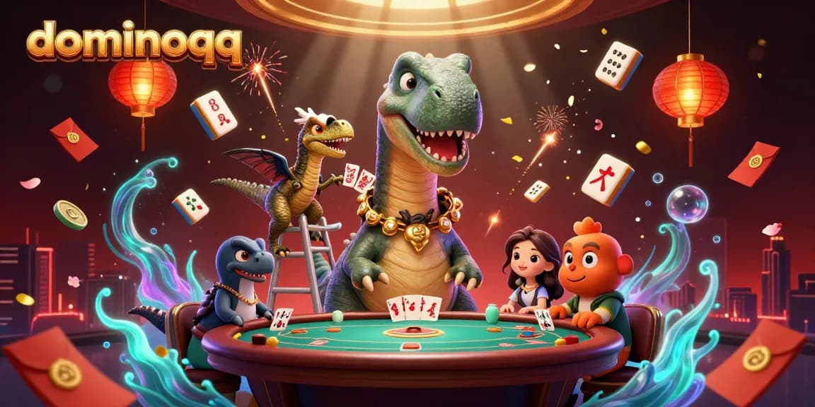Engage in the thrilling action of dominoqq at an animated casino with vibrant characters.