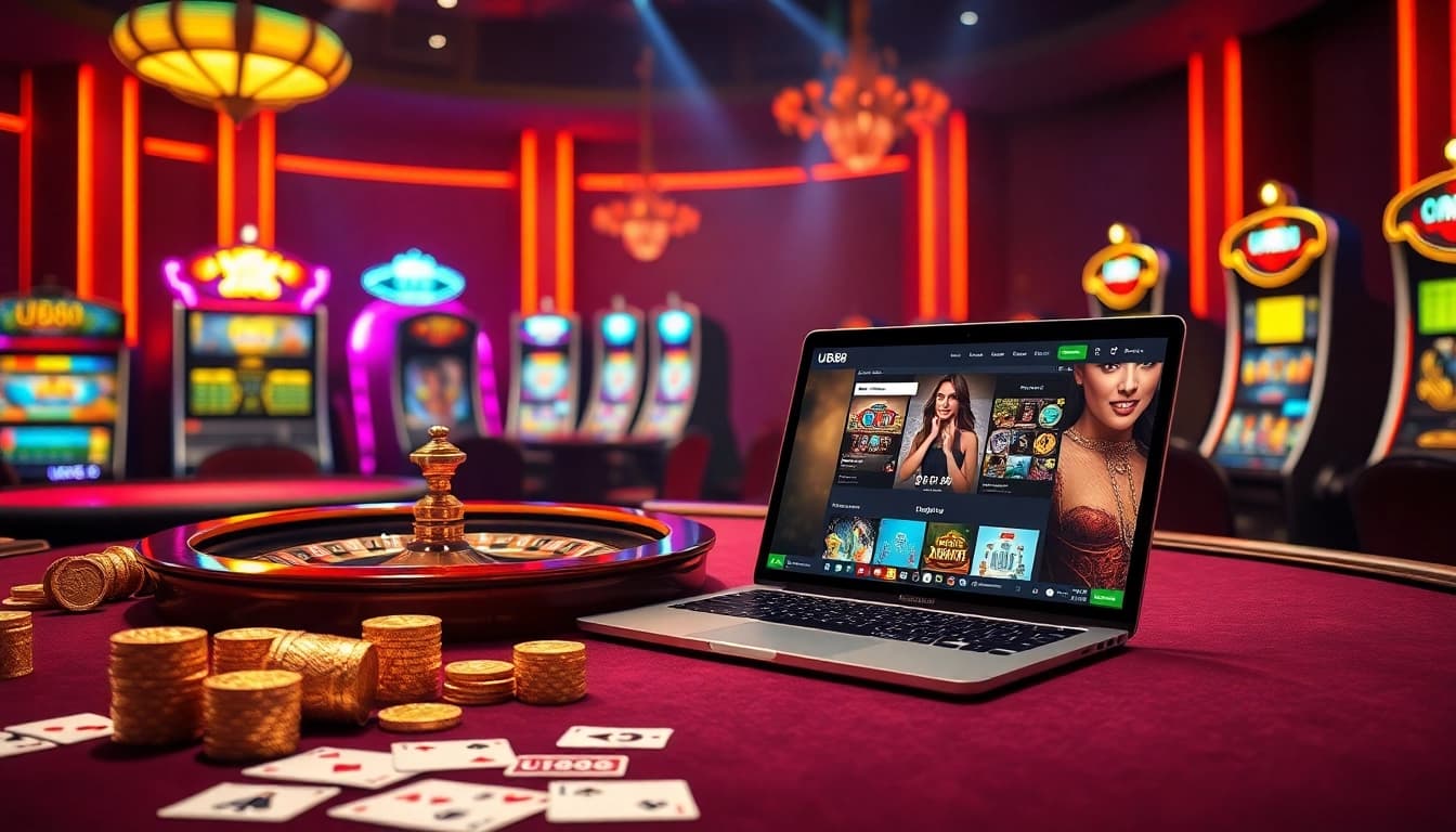 U888 showcases an exciting online casino experience with poker chips and a roulette wheel.