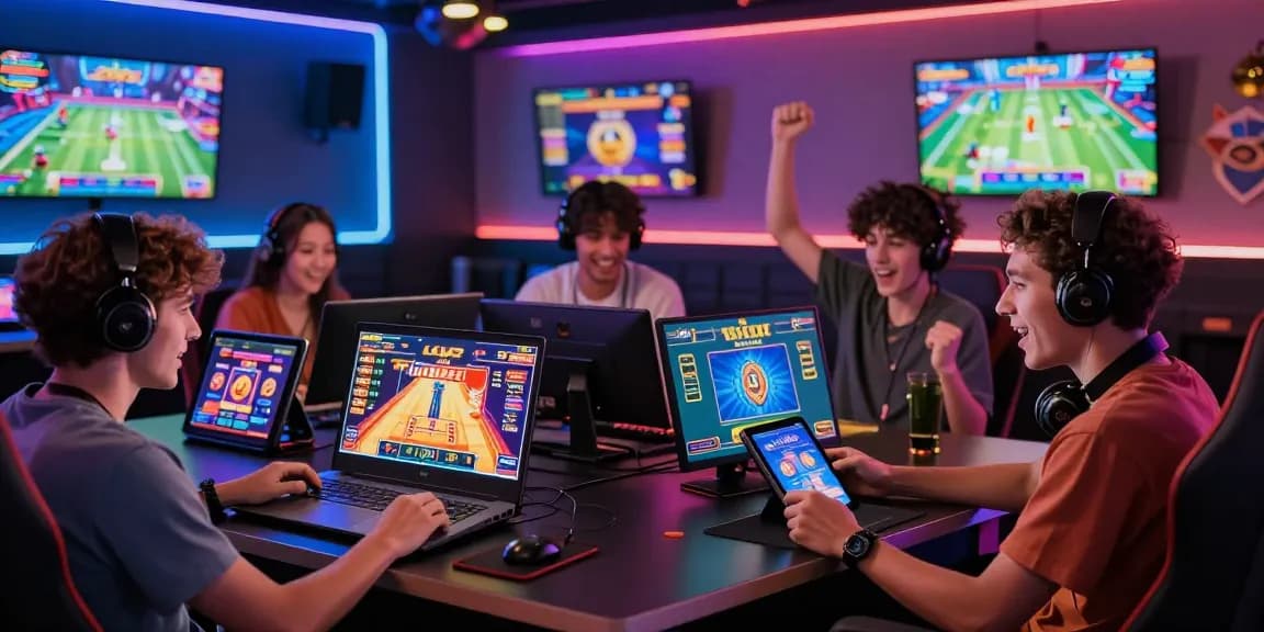 Players immersed in B52 online gaming in a vibrant lounge