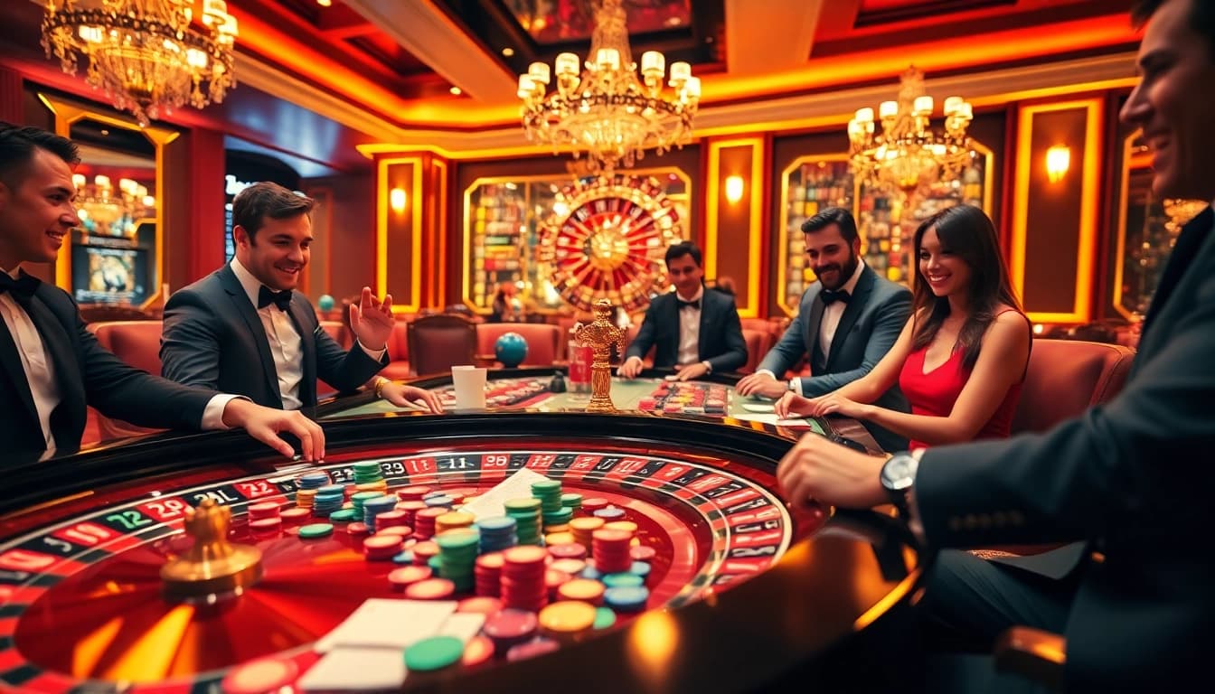 Experience the excitement of sunwin gaming at a vibrant roulette table with animated players betting.