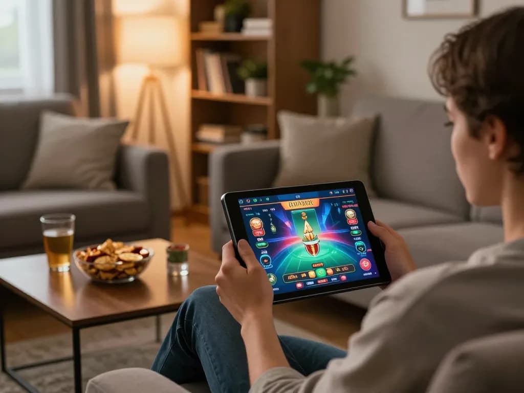 Pfly88 home gaming setup featuring a cozy atmosphere with a person using a tablet for online casino games.
