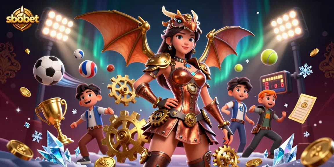 Experience sbobet's thrill with dynamic sports betting elements and a steampunk dragon illustration.