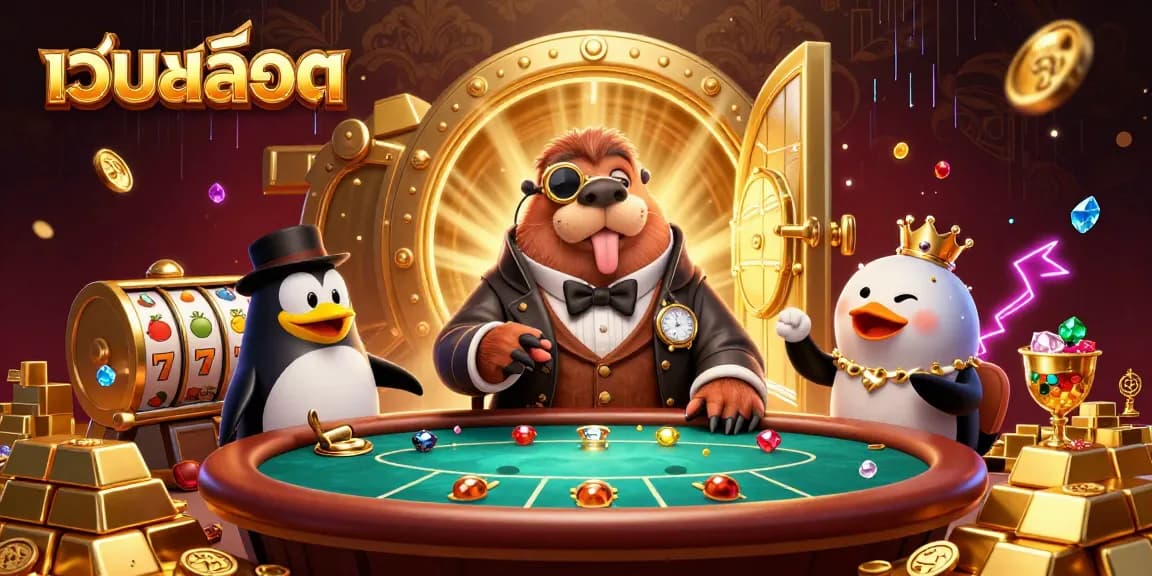 Engage with เว็บสล็อต at a vibrant underwater casino, showcasing a playful walrus, penguin dealer, and bluffing pufferfish.