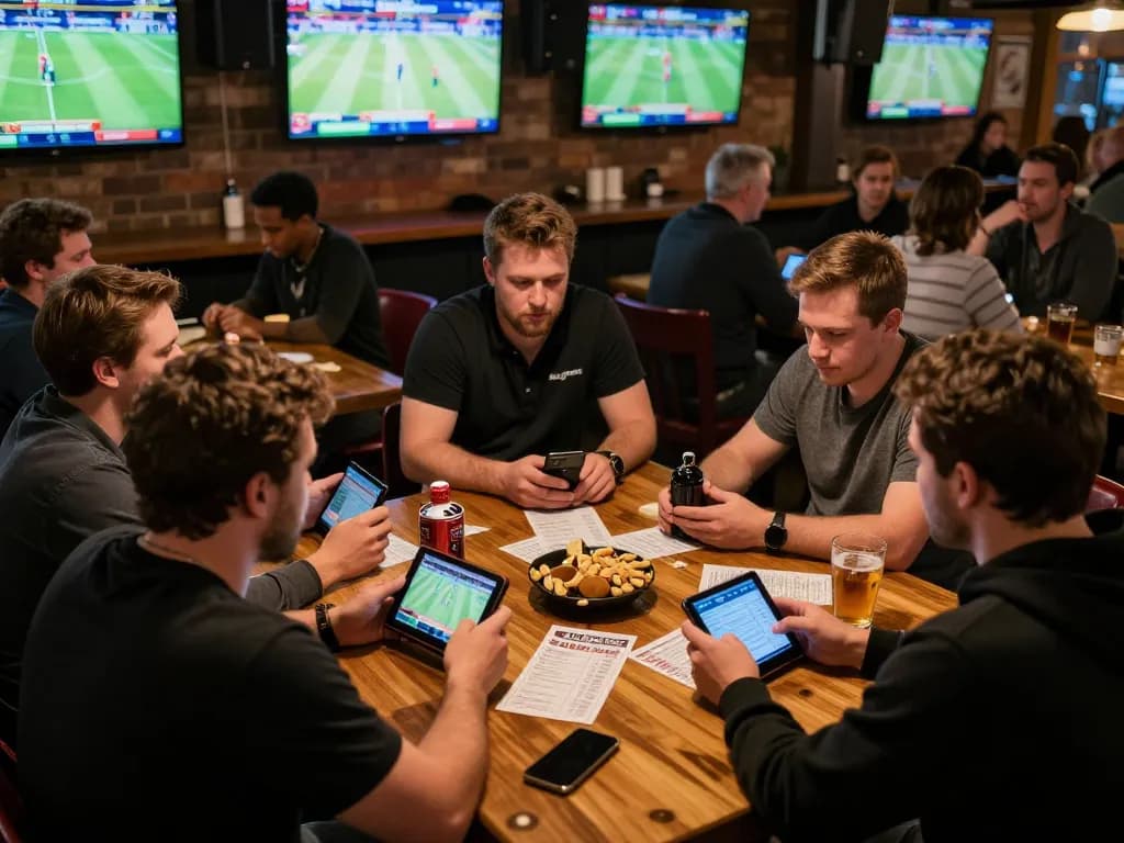 Engaged sports bettors using devices at nhà cái SIN88, enjoying live game action and camaraderie.