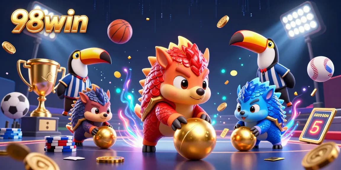 Experience the excitement of 98win with rival pangolins rolling poker chips and sports elements in a dynamic casino illustration.