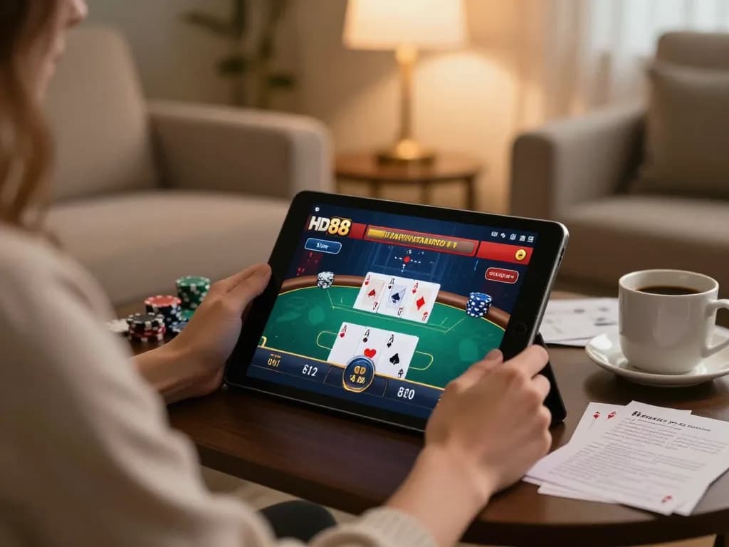 Engaged player enjoying HD88 online casino game on tablet, emphasizing strategy.
