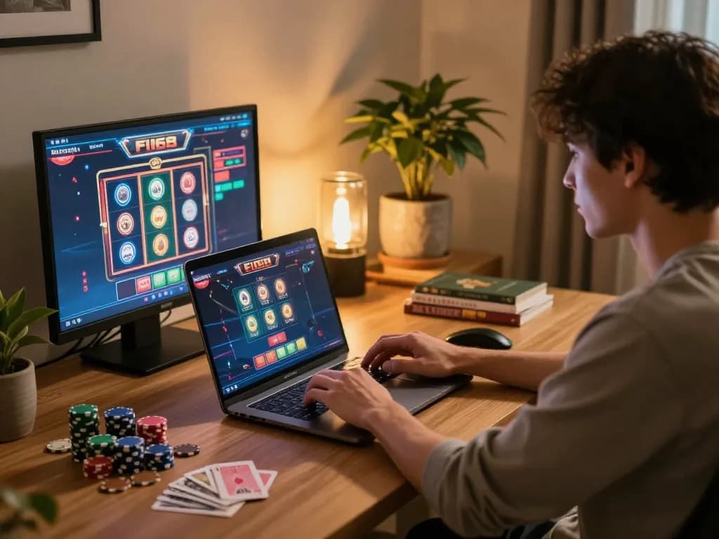 Engaging with F168 online casino games at a stylish home setup, focused on strategy and play