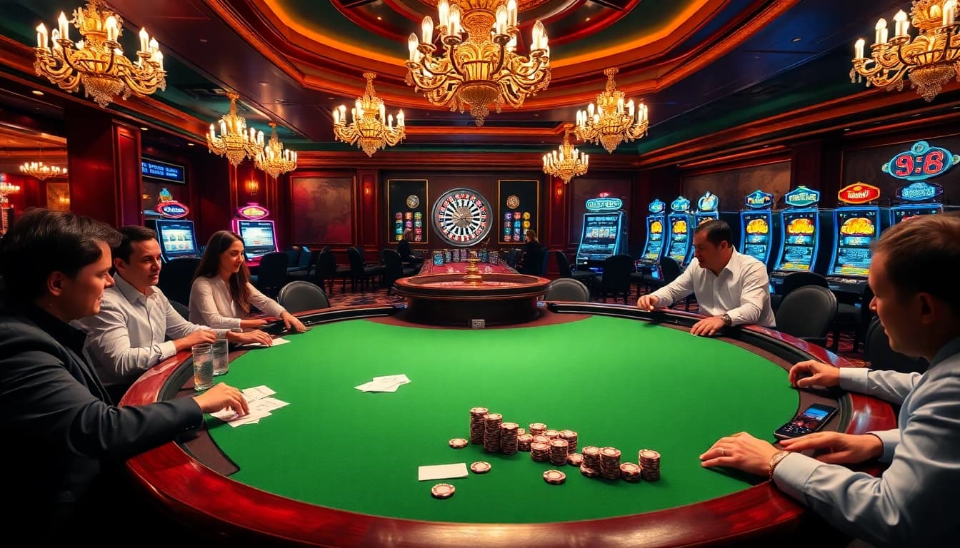 Engaged players enjoying a thrilling poker game at uu88's luxurious casino setup.