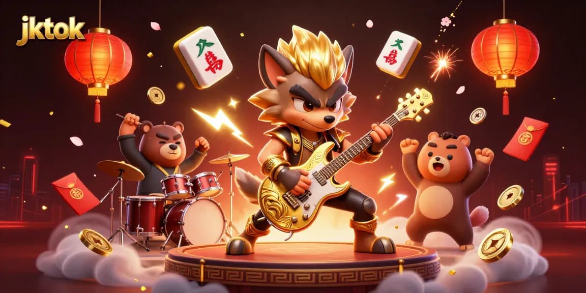 jktok menampilkan keceriaan kasino dengan wolf rocker dan bear drummer, dikelilingi elemen keberuntungan