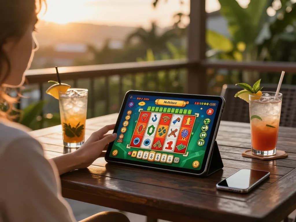 Play Mahjong slots at situs gacor with vibrant graphics on a tablet outdoors.
