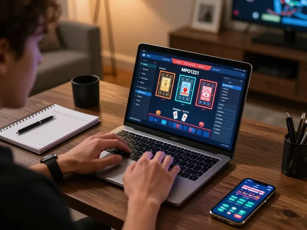 MPO1221 pengguna yang terlibat dalam game online dengan laptop, memperlihatkan permainan strategis di lingkungan yang nyaman.