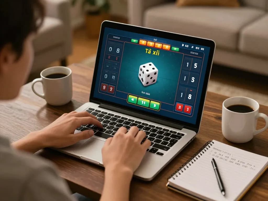 Player enjoying an online tài xỉu game on laptop, focused on strategy and betting.