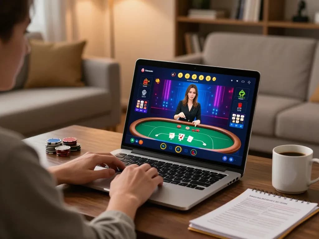 Engaging in an exciting online poker game with Alternatif Dewapoker on a laptop in a cozy living room.