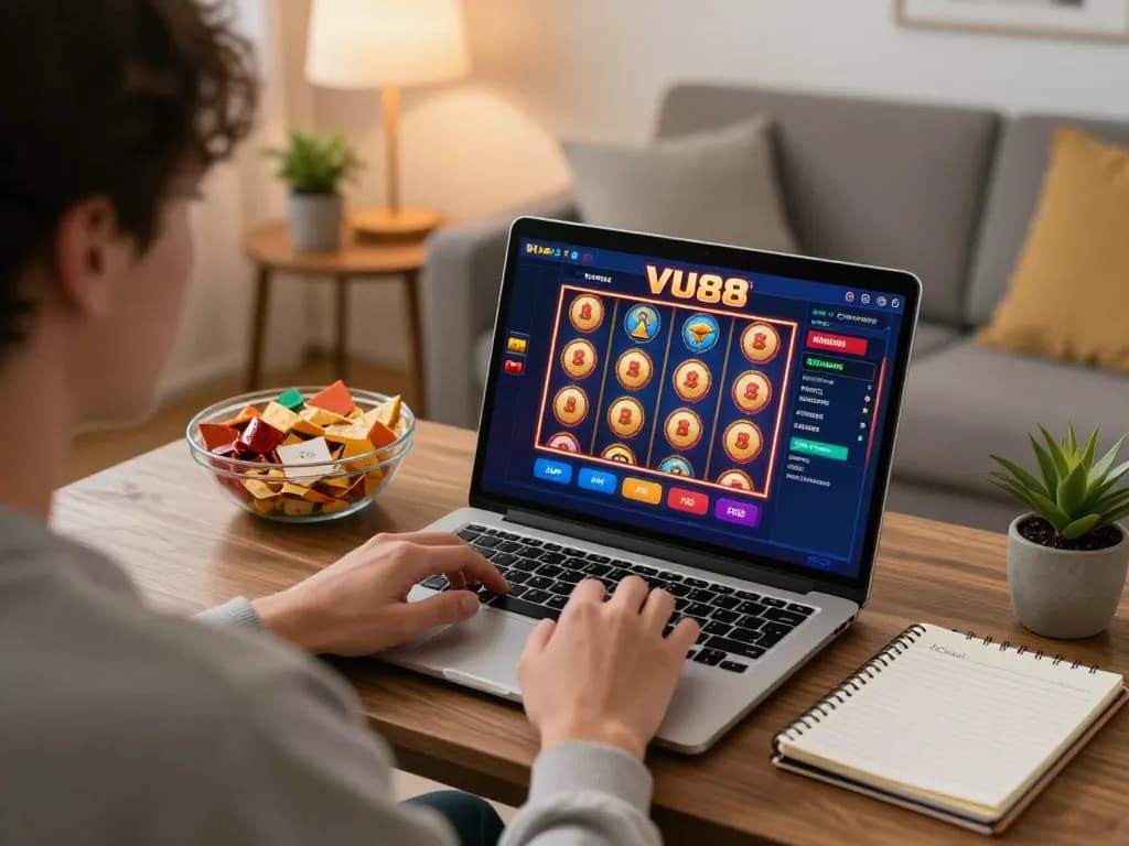 Engaged player enjoying a strategic online gaming session at VU88 with a laptop in a cozy living room atmosphere.