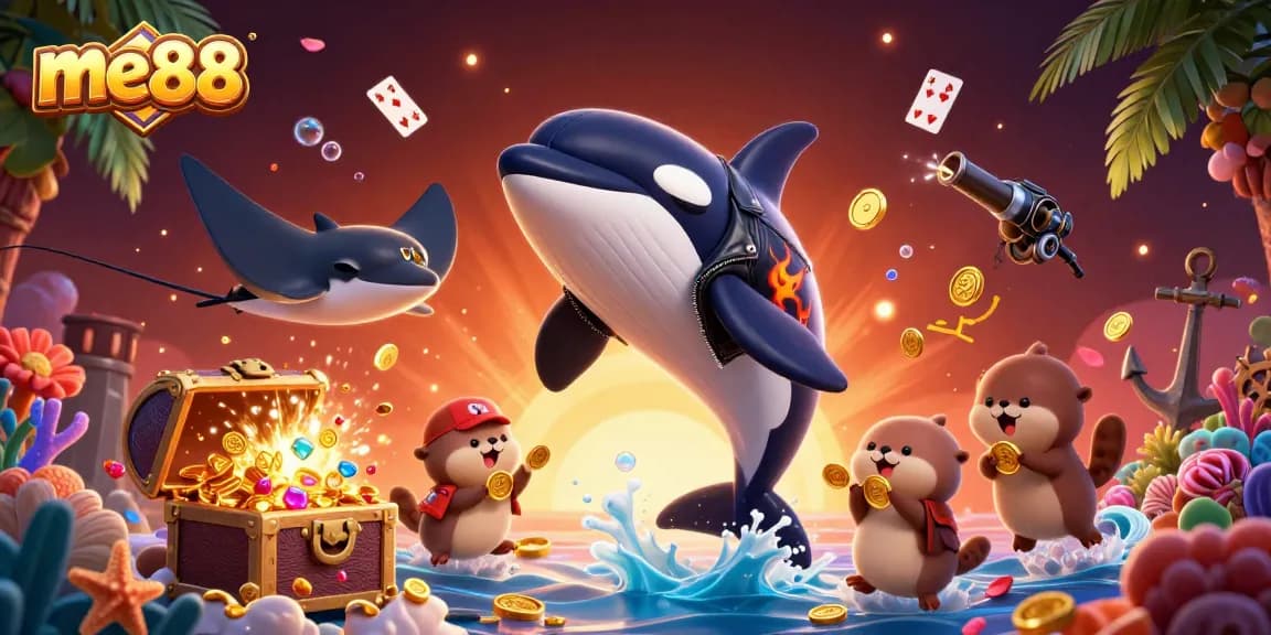 me88 brings excitement with a cartoon orca whale and sea otters amid vibrant casino treasures.