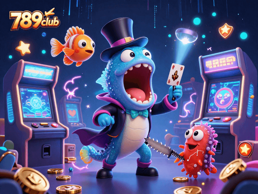 Win big with 789club in a vibrant casino scene featuring animated characters performing tricks.
