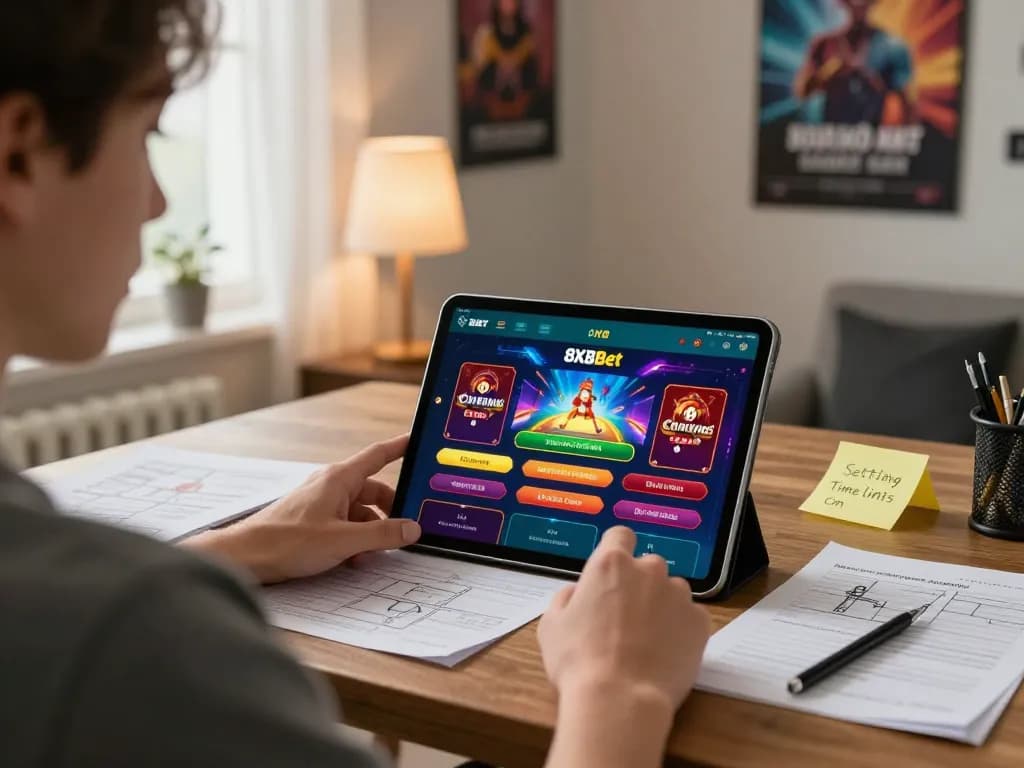 Engaged player strategizing on 8xbet app during online gaming session at home