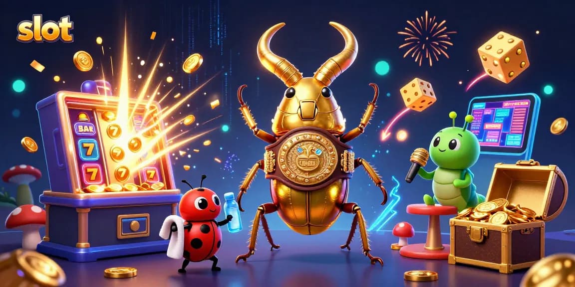 Spin to win big at slot games with a 3D golden stag beetle boxing champion in a vibrant casino.