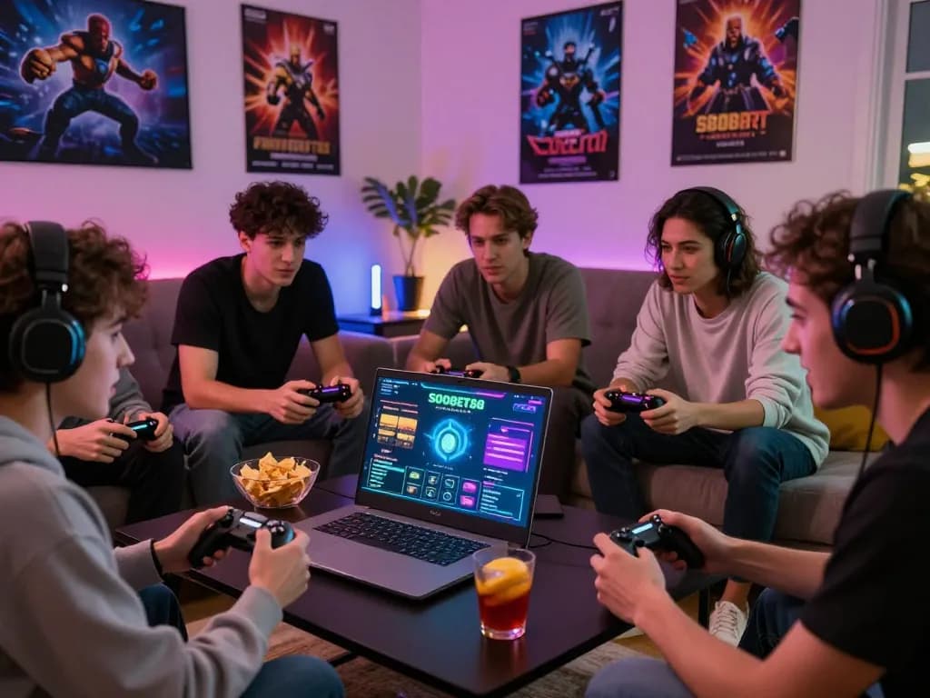 SBOBET88 online gaming session with friends in vibrant living room, capturing excitement and camaraderie.