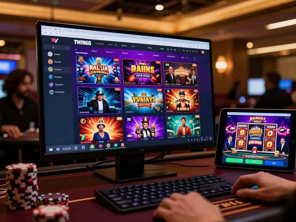 TWIN68 online gaming platform showcasing poker and slots with vibrant graphics and user engagement
