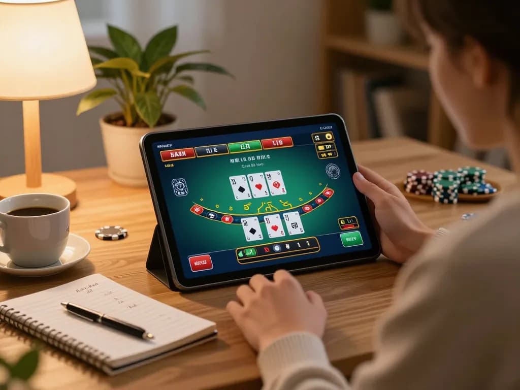 Player engages with CK444 live blackjack game at home, showcasing responsible online gaming.