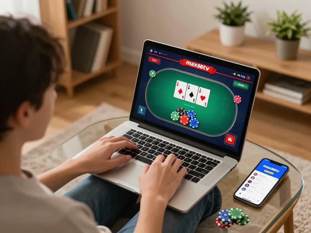 A person playing poker on max88tv at home, using a laptop with cards and chips visible on the screen.