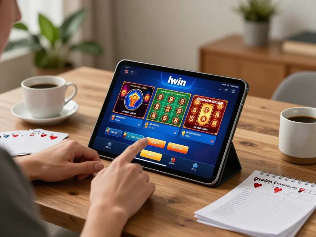 Iwin player engaged in poker game on tablet in a cozy home setting, showcasing strategic online gaming.