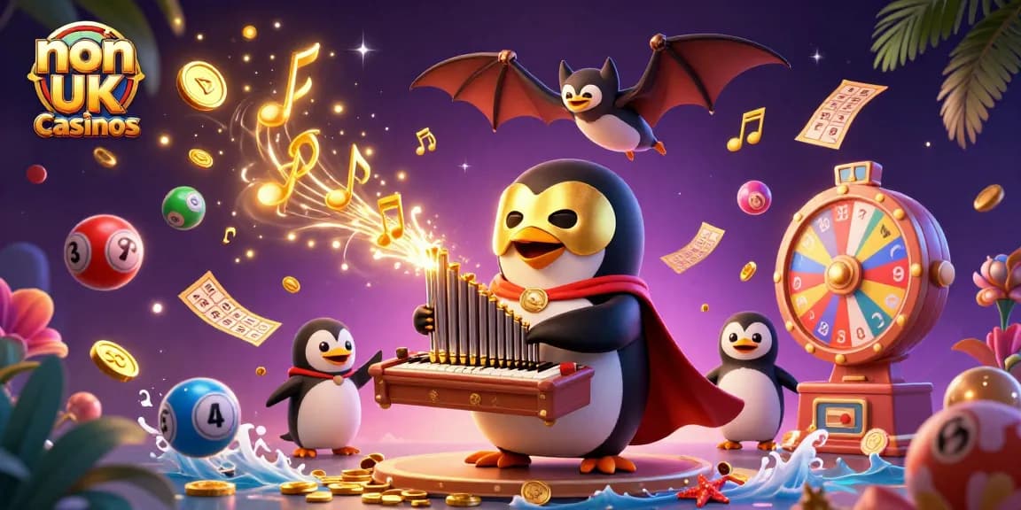 Experience fun at non UK casinos with a playful penguin organist spouting coins and excitement.