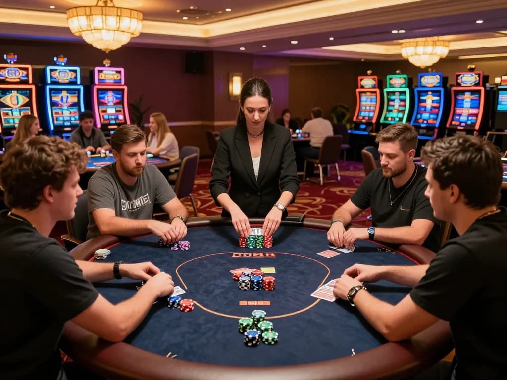 Players engaging in an exciting poker game at lc88 casino, with chips and cards creating a dynamic scene.