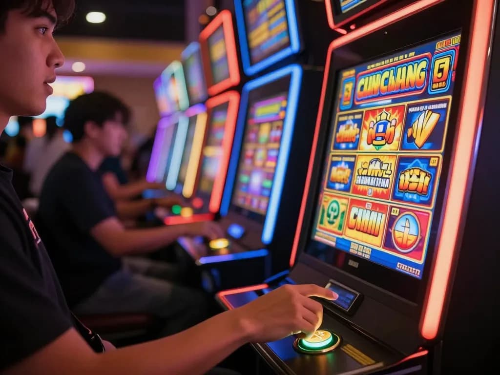 Player engaged at a slot gacor machine, displaying vivid graphics and vibrant atmosphere in a lively casino setting.