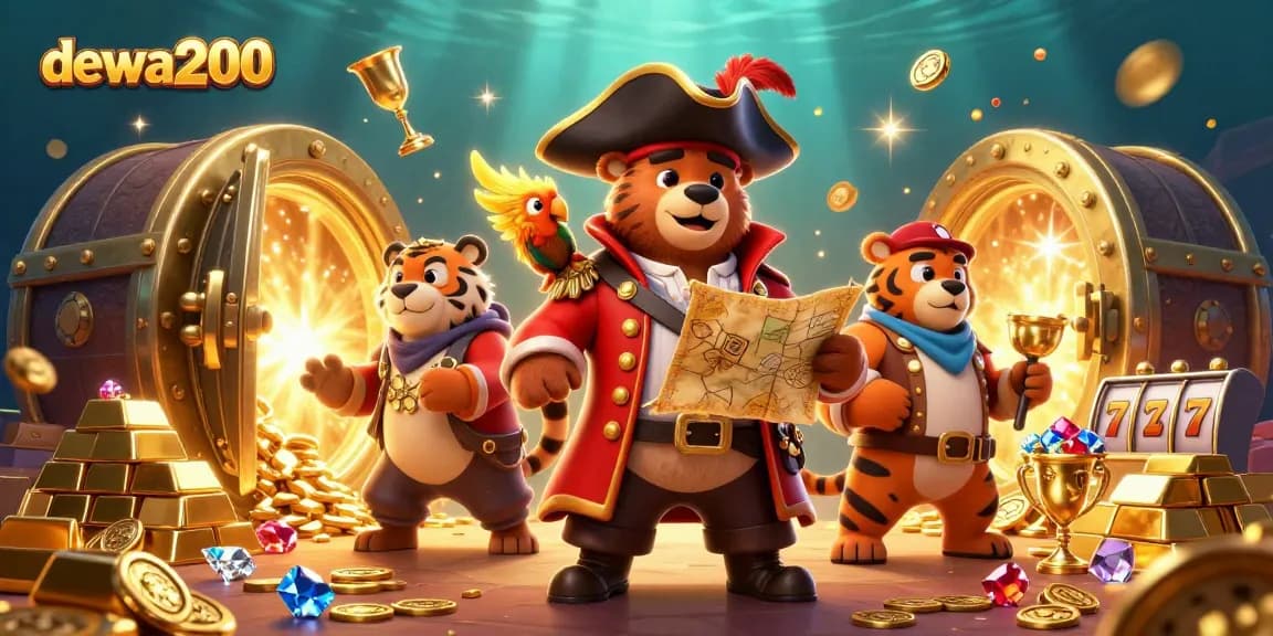 Dewa200 mempersembahkan gambar keceriaan kasino dengan karakter beruang kapten dan harimau, menghasilkan kekayaan dalam permainan slot.