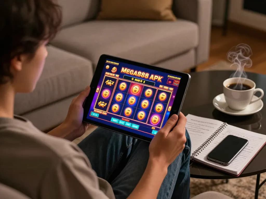 Mega888 APK gameplay on a tablet illustrating a home gaming setup, with strategy notes and coffee.