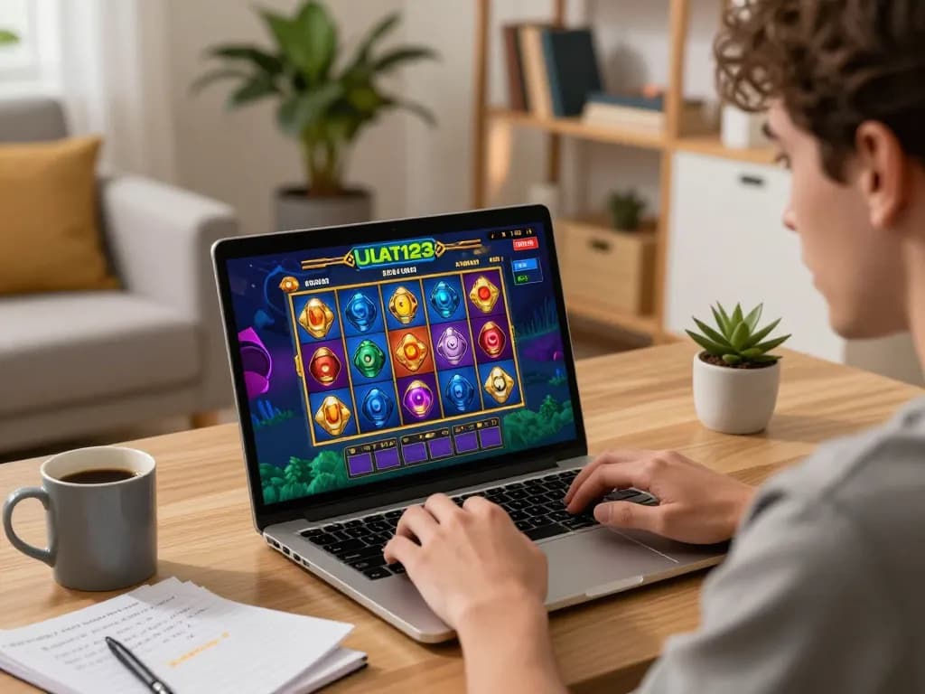 Memainkan permainan slot yang menarik di Ulat123 di rumah, menampilkan laptop dan pengaturan bermain yang nyaman.