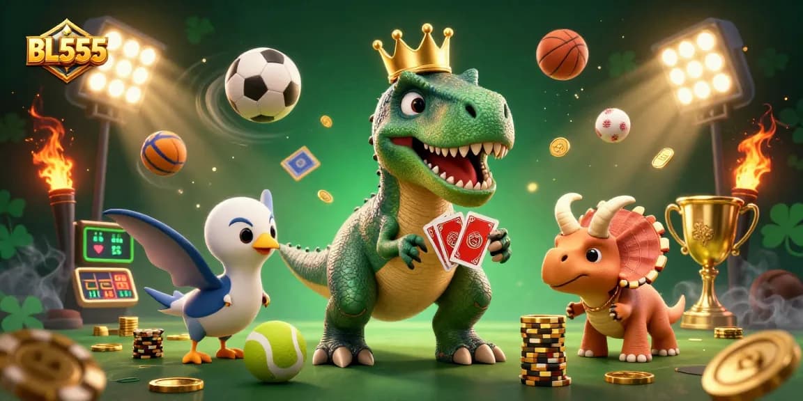 BL555 showcases a T-Rex and a pterodactyl in a dynamic online gambling scene filled with colorful sports elements.