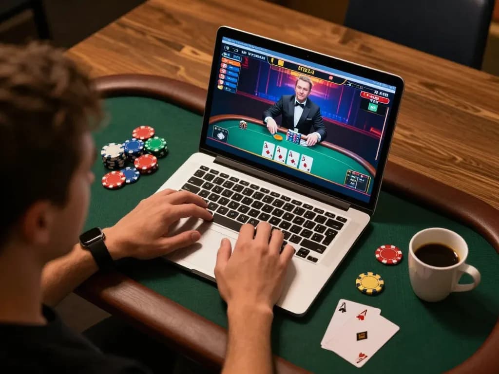 Rikvip player engaging in an online poker game with chips and cozy setup.