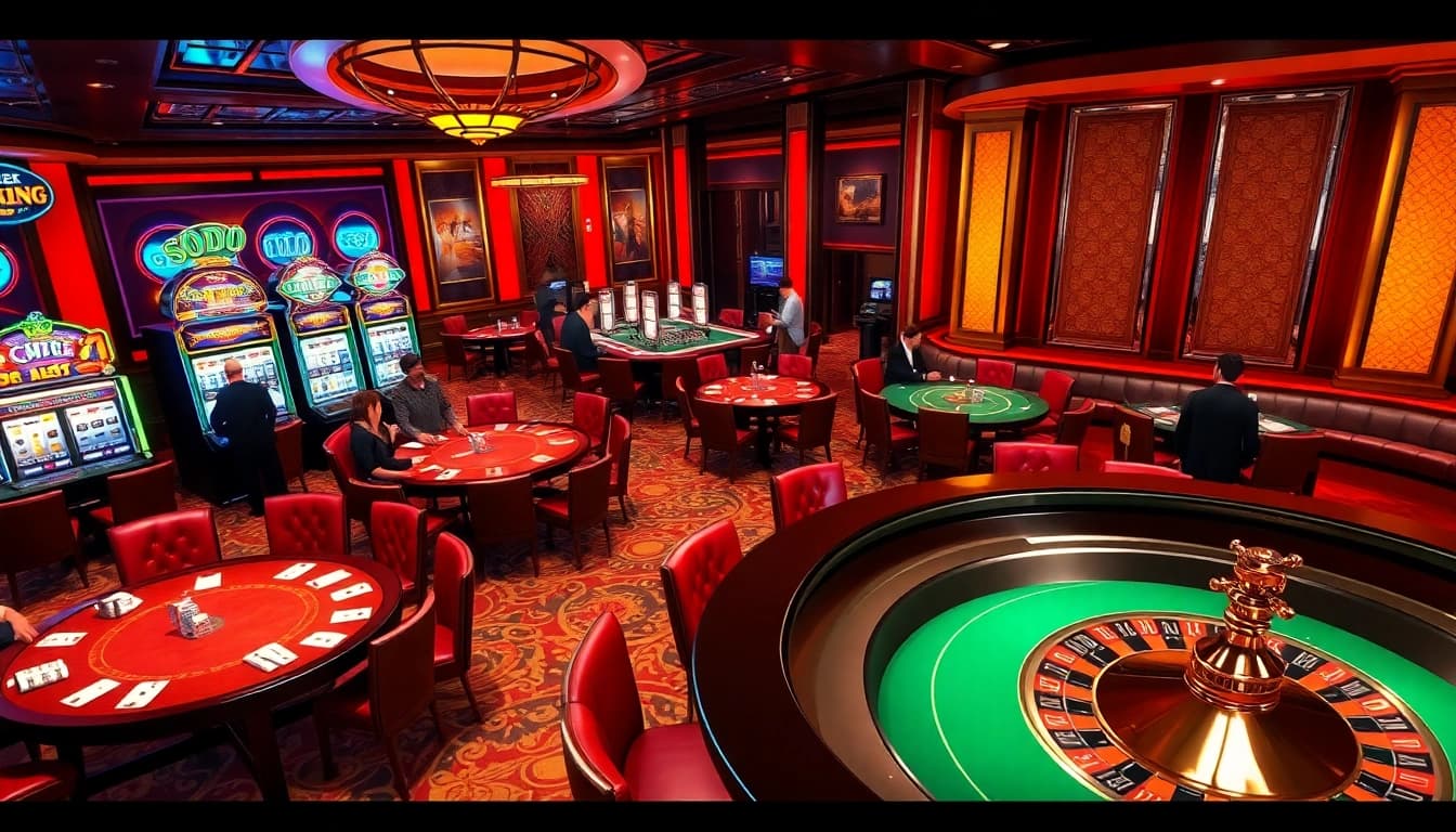 SODO Casino showcases an exciting table scene with poker players and vibrant slot machines.