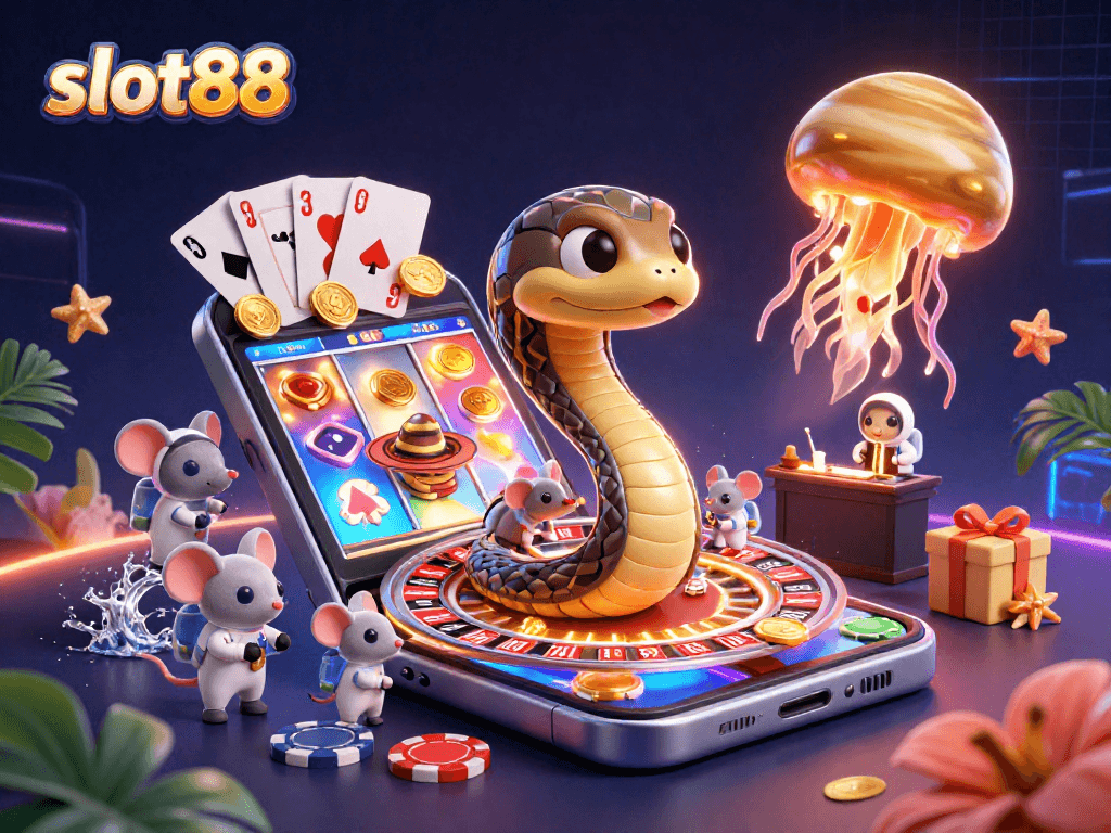Spin your luck at slot88 with a vibrant 3D cosmic casino scene showcasing playful astronaut mice and a golden jellyfish dealer.