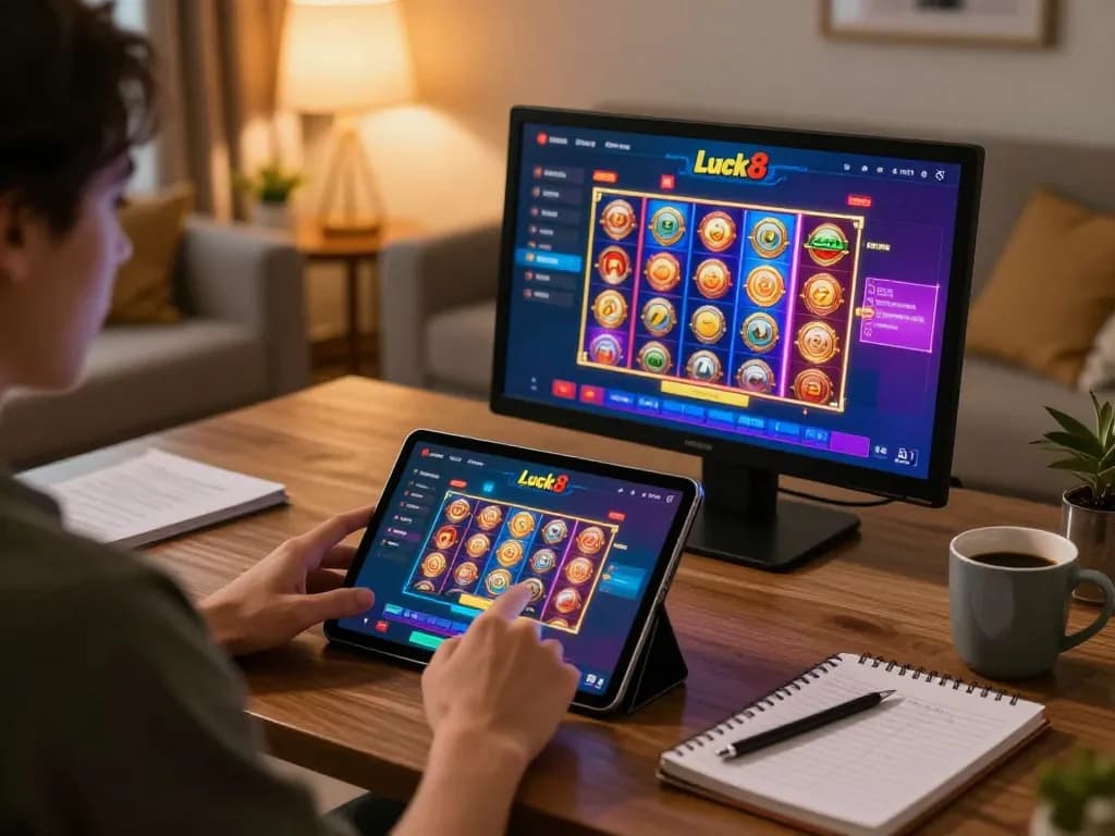 Luck8 player engaging with the mobile casino app during a cozy home gaming session
