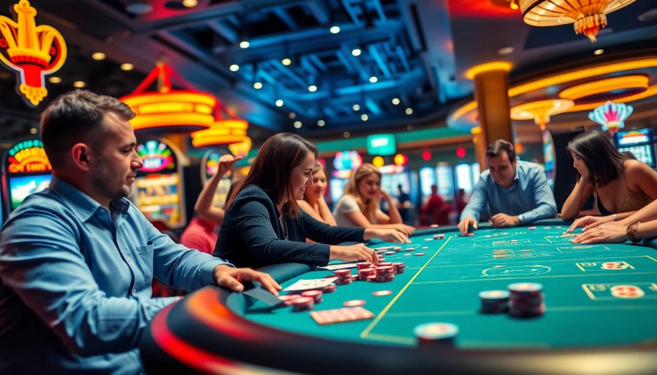 Casino enthusiasts enjoying vibrant table games under bright lights.