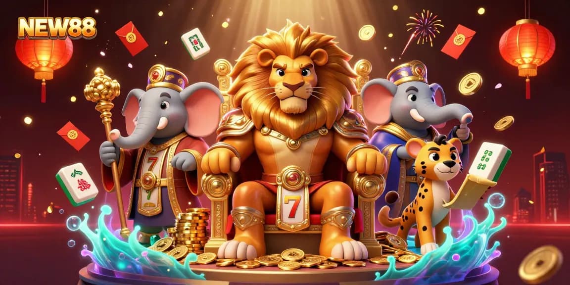 Win big at New88 with a vibrant 3D illustration highlighting the casino experience with thrilling game elements.