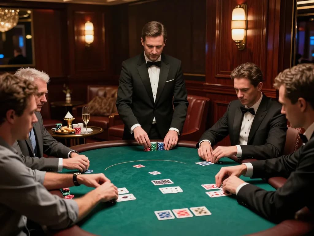 Experience high-stakes gameplay at LC88's exclusive VIP poker room, showcasing intense concentration and luxury.