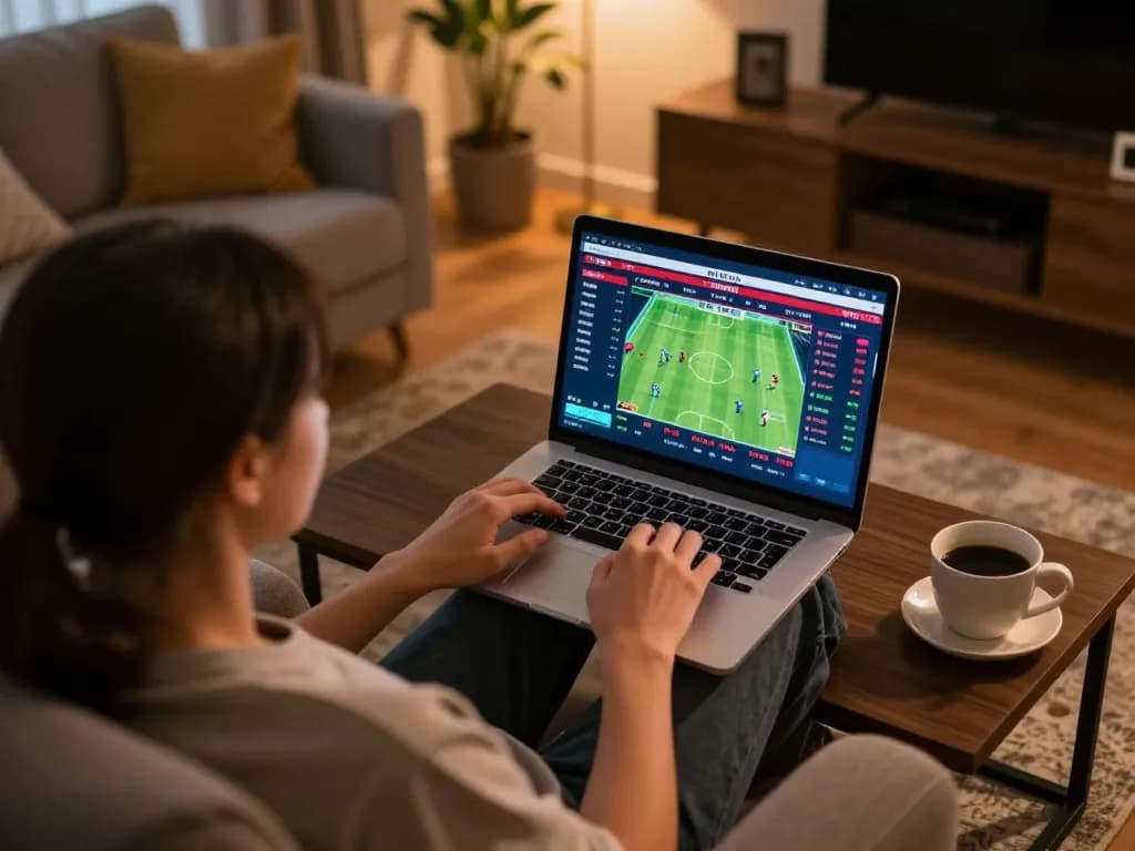 KÈO TRỰC TUYẾN user engaging in online sports betting on a laptop in a cozy environment.